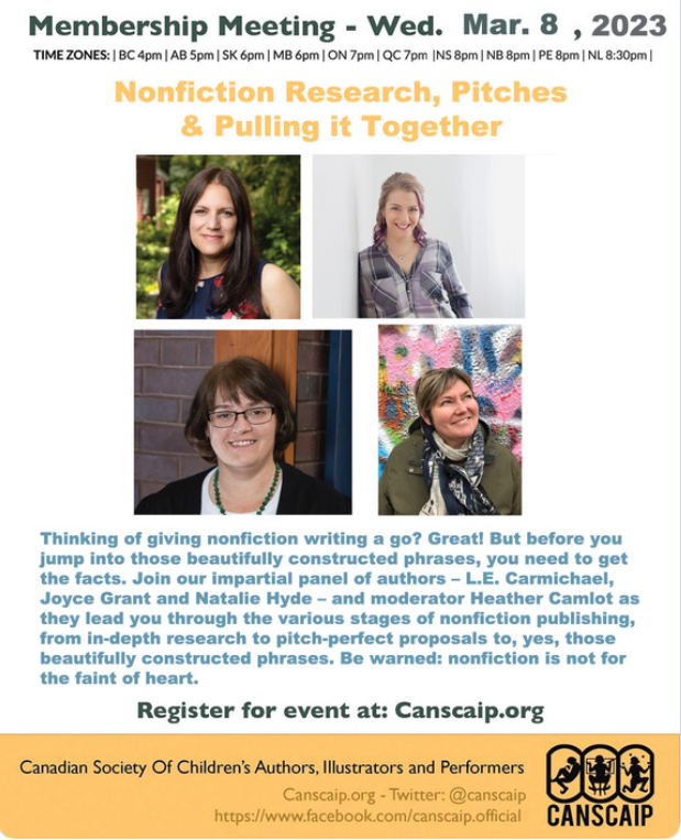 Graphic showing the panel for the webinar: Heather Camlot, Natalie Hyde, LE Carmichael, Joyce Grant