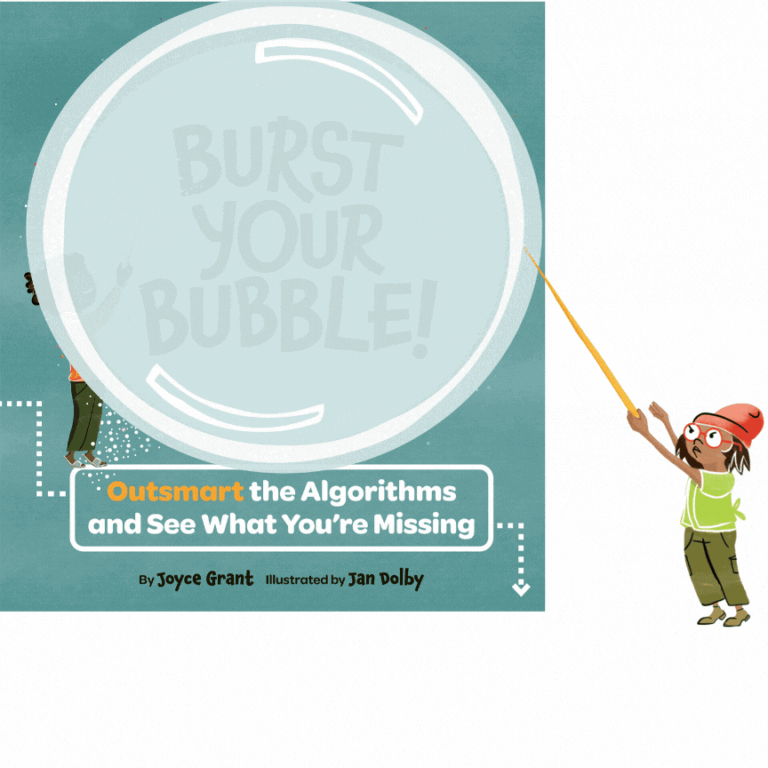 A gif of a kid bursting a bubble, to reveal the cover of the book Burst Your Bubble! Outsmart the Algorithms to See What You're Missing