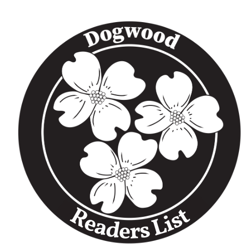 A round "book seal" that says Dogwood Readers List and has white dogwood flowers on a black background