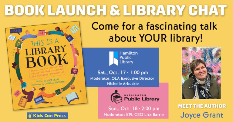 invitation to This Is a Library Book book launch at Burlington library, october 18 and Hamilton library October 17