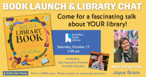 Invitation to attend launch of This Is a Library Book at Hamilton Central branch library, 1:00 on Saturday, October 17, 2026